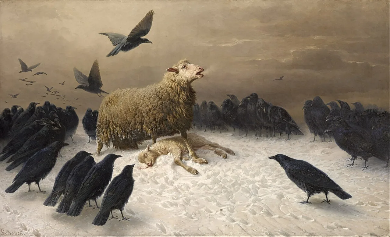 August Friedrich Schenck, 'Anguish' (c. 1878) — a ewe stands over her dead lamb in the snow, encircled by a flock of crows.