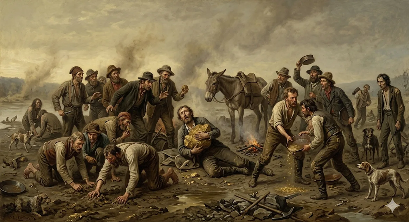 The Prospectors — staking a claim by the river, fighting over the first nugget.